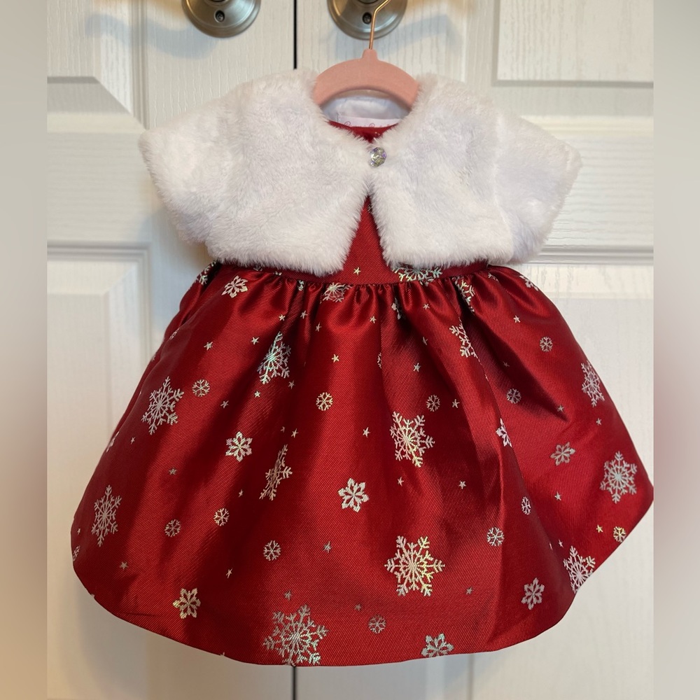 Bonnie Baby Red Holiday Dress with Embroidered Snowflakes & Faux Fur Bolero